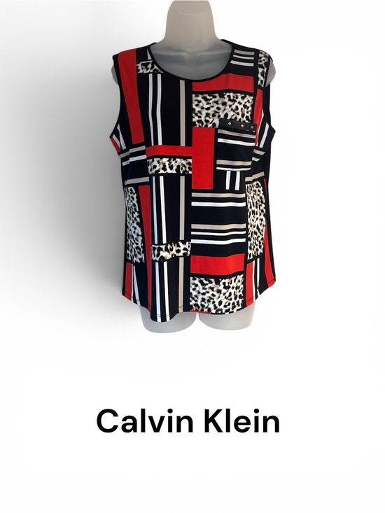 Calvin Klein Tops - CALVIN KLEIN Red, Black & White Geometric Leopard-Accent Sleeveless Top  LARGE